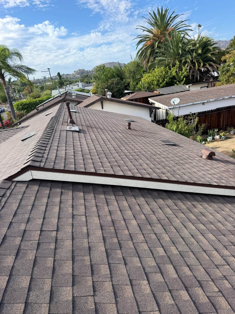 New shingle roof with palm trees and hills behind